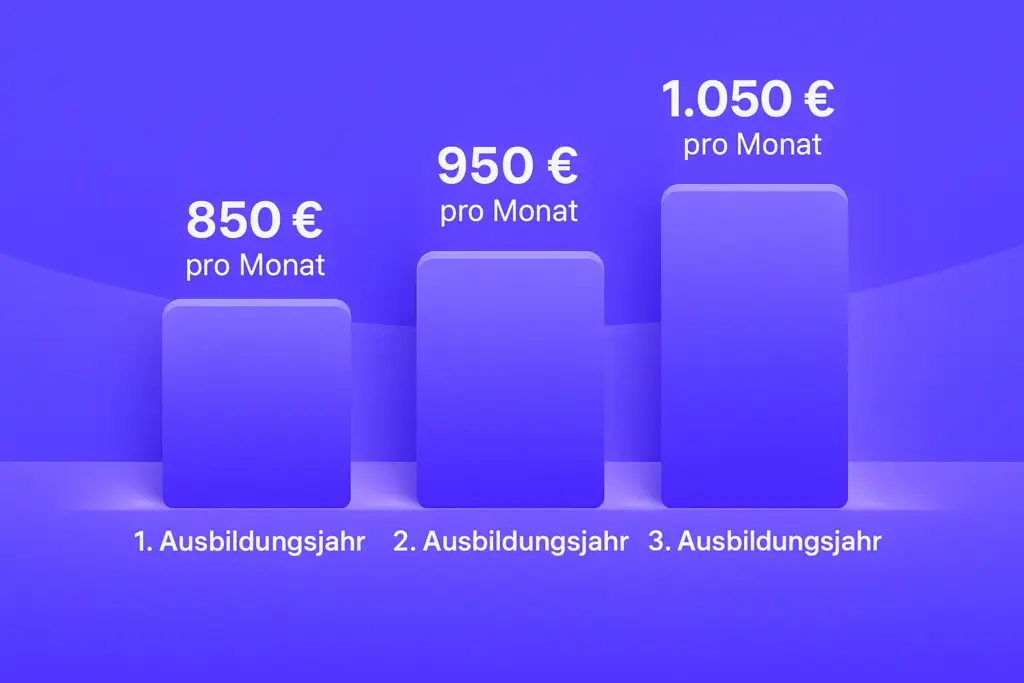 Rechtsanwaltsfachangestellter Ausbildung: Tabelle zur Ausbildungsvergütung für Rechtsanwaltsfachangestellte: 1. Ausbildungsjahr 850 Euro pro Monat, 2. Ausbildungsjahr 950 Euro pro Monat, 3. Ausbildungsjahr 1.050 Euro pro Monat.