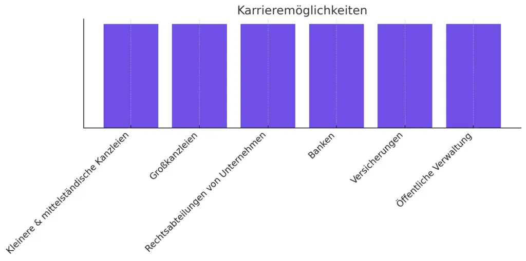 Berufliche Einsatzbereiche für Rechtsanwaltsfachangestellte: Arbeit in kleinen und mittelständischen Kanzleien, in Großkanzleien mit internationalem Bezug, in Rechtsabteilungen von Unternehmen, in Banken und Versicherungen sowie in Gerichten und öffentlichen Behörden
